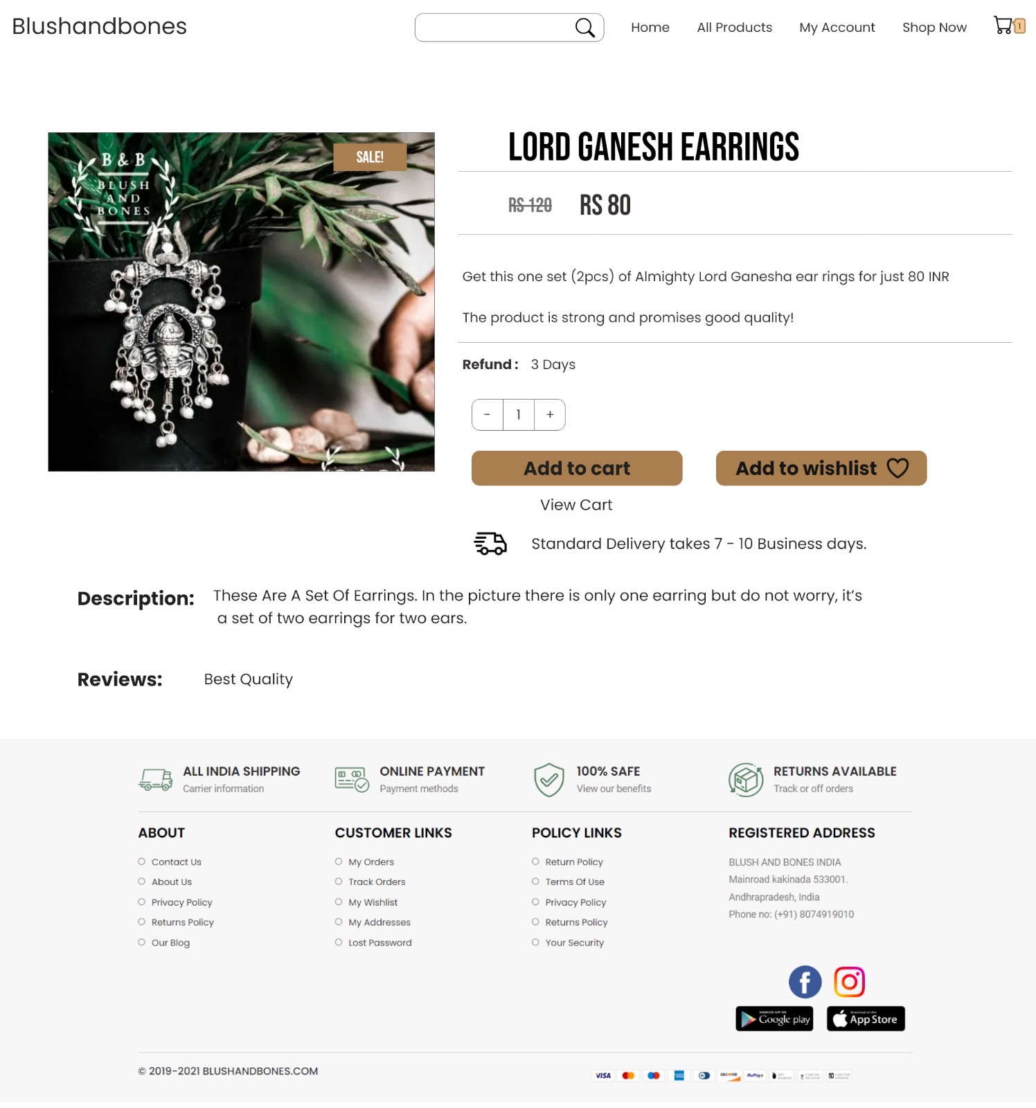 Blush & Bones 2022 product page for Lord Ganesh earrings — bold condensed type, single review line