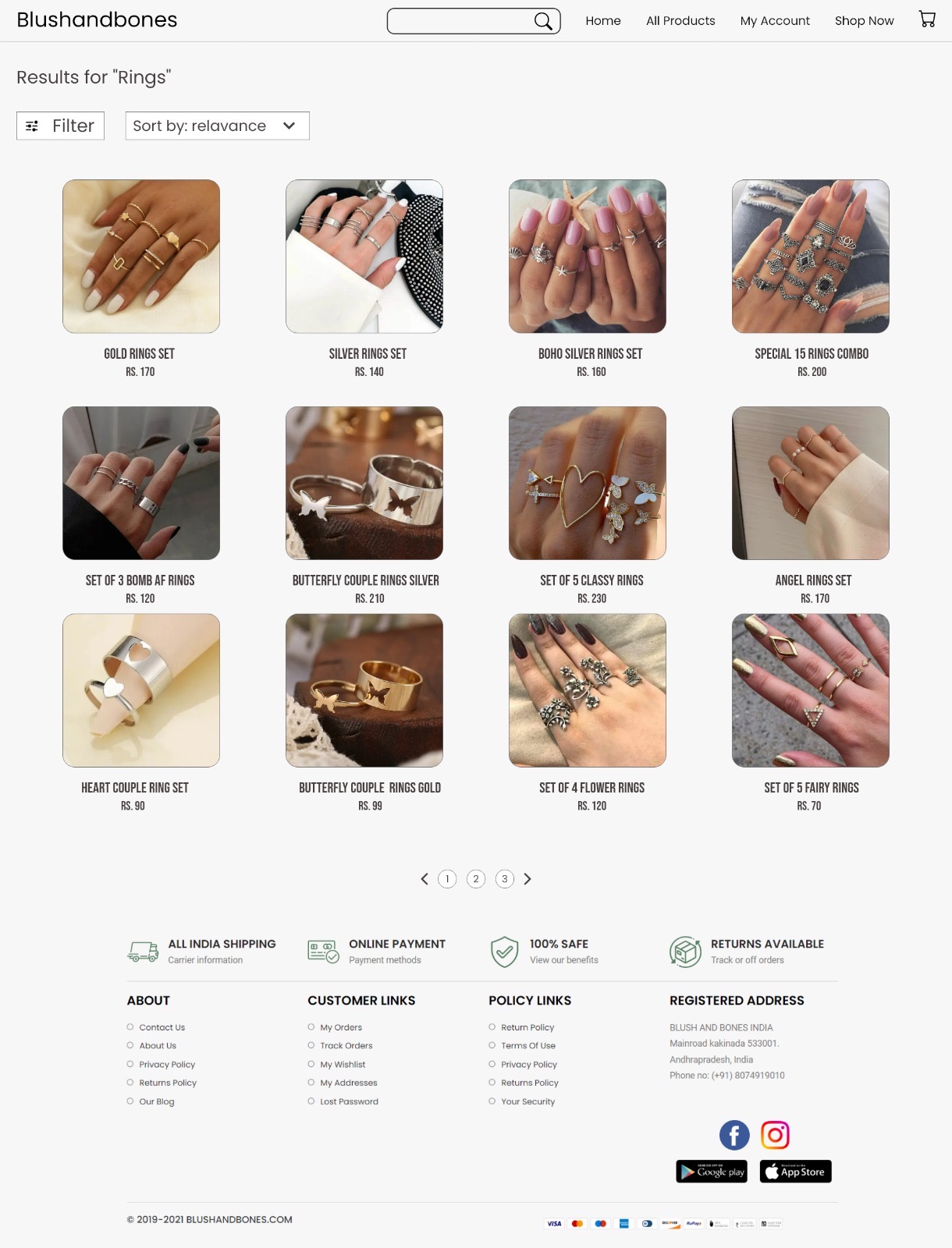Blush & Bones 2022 rings results page — no sort feedback, dated layout