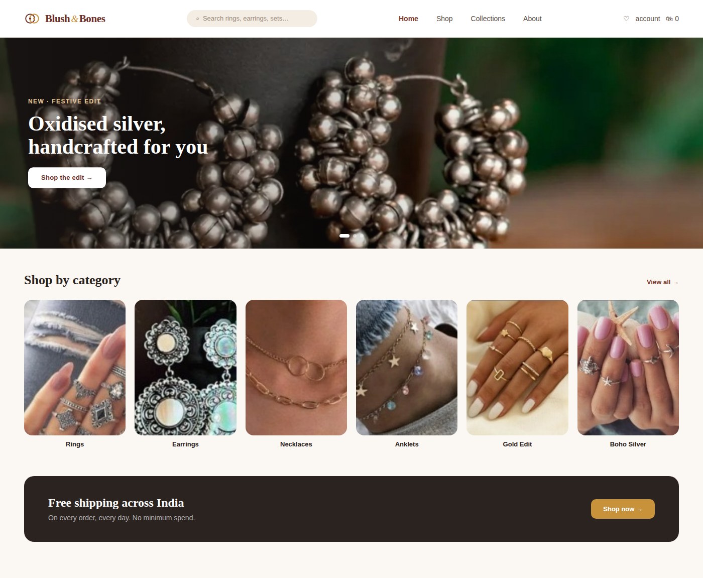 Redesigned 2026 Blush & Bones homepage with new logo and hero banner