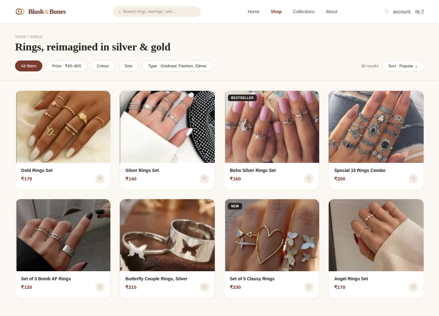 Redesigned 2026 rings results page with filter chips, sort, badges and wishlist