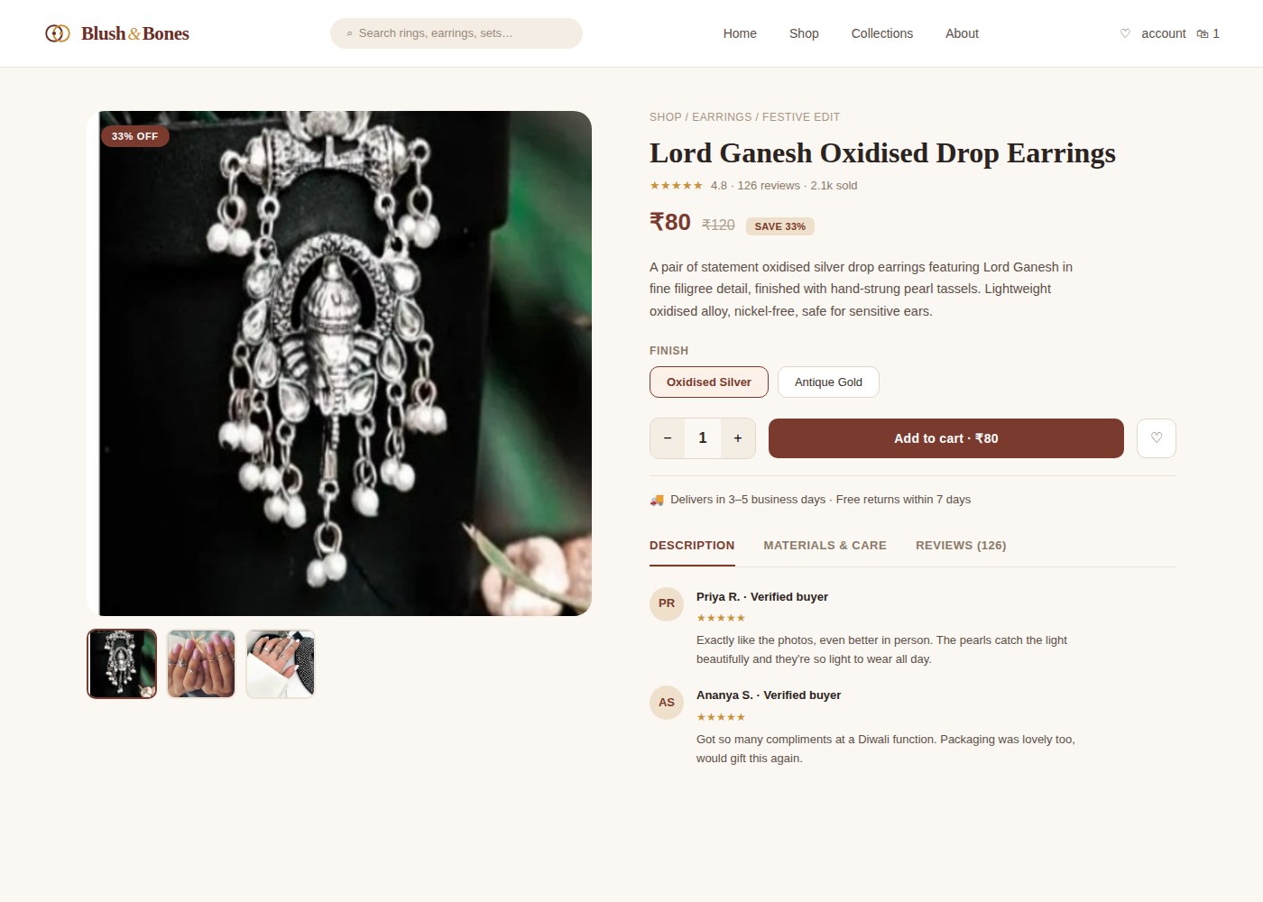 Redesigned 2026 product detail page with ratings, finish options and reviews