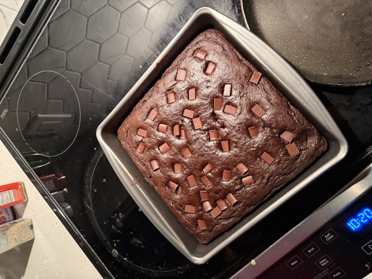 Homemade chocolate chunk brownies fresh out of the oven